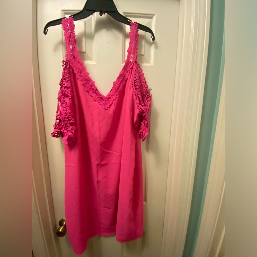 NWOT Hot Pink Crochet cold shoulder dress